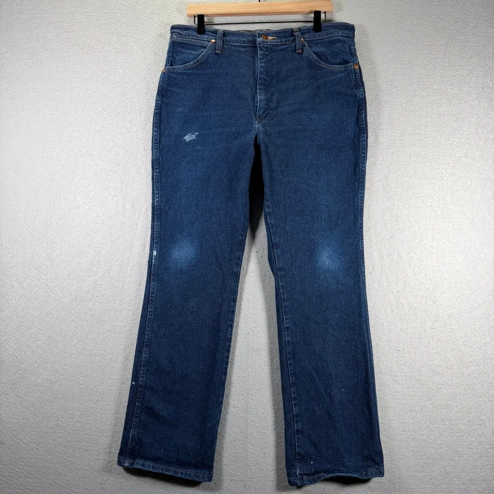 Wrangler Mens Dark Wash Straight Leg Jeans 36x30 Distressed‎ Details Y2K